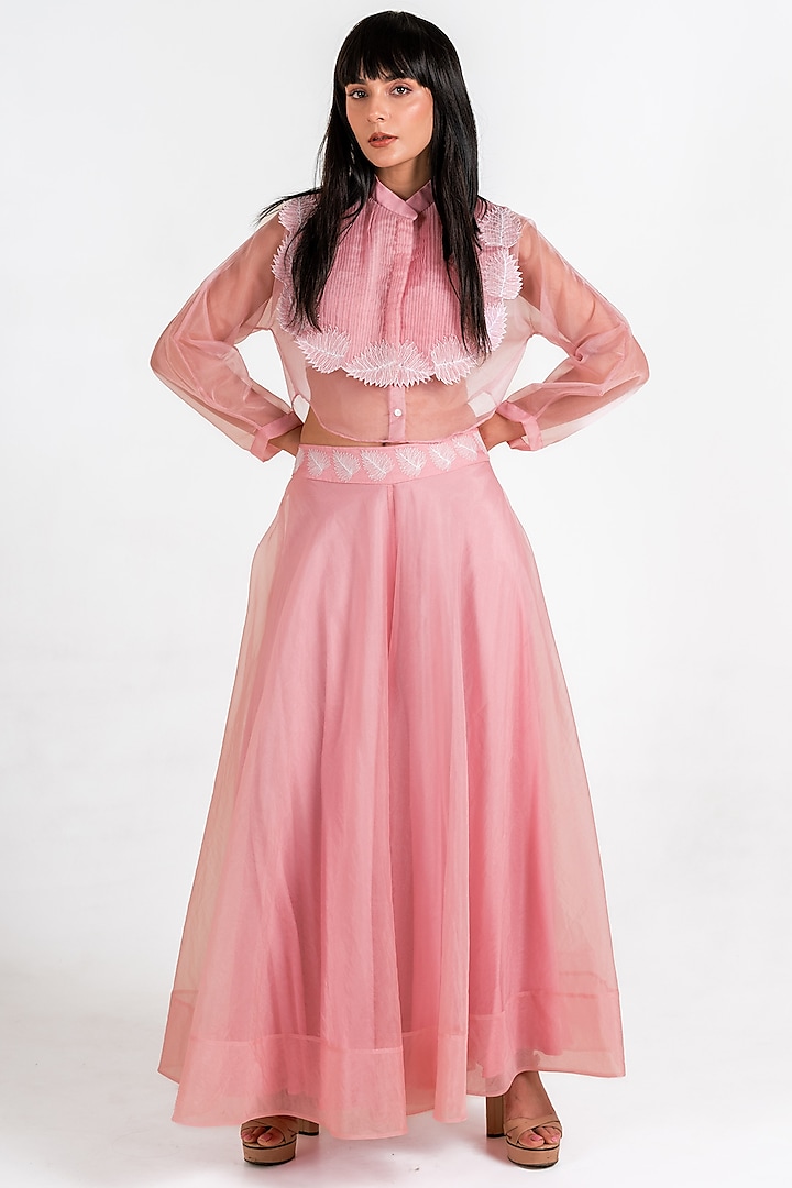 Pink Sheer Organza & Taffeta Embroidered Skirt Set by KLITCHE at Pernia's Pop Up Shop