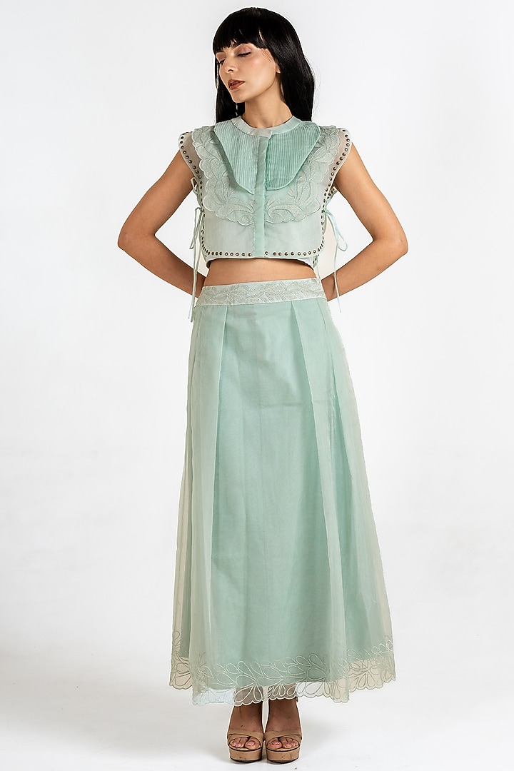 Mint Green Organza & Taffeta Embroidered Skirt Set by KLITCHE at Pernia's Pop Up Shop
