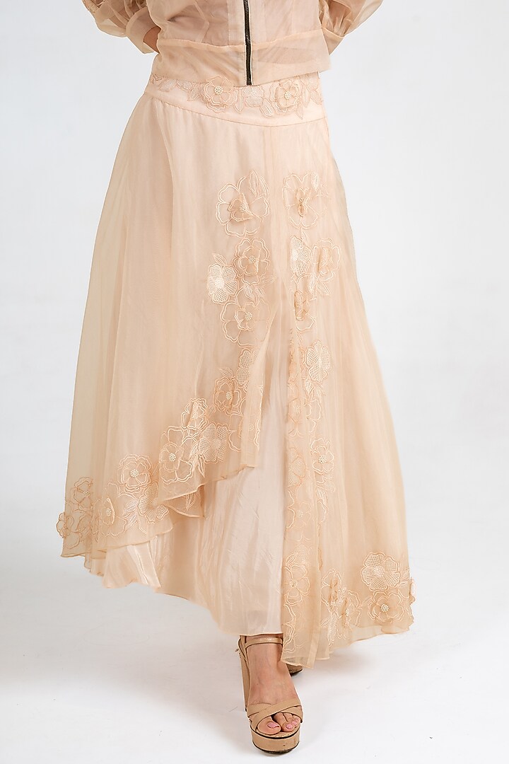 Peach Organza 3D Floral Embroidered Skirt Set by Kliitche by Isha Kedia at Pernia's Pop Up Shop