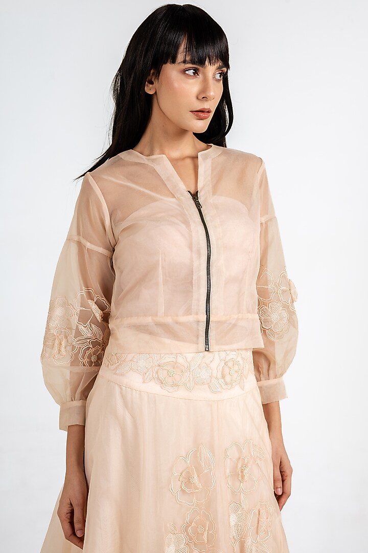 Peach Organza 3D Floral Embroidered Skirt Set by Kliitche by Isha Kedia at Pernia's Pop Up Shop
