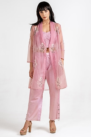 Blush Pink Organza Embroidered Jacket Set by Kliitche by Isha Kedia