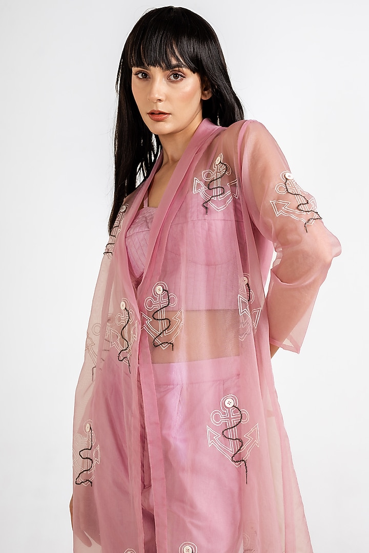 Blush Pink Organza Embroidered Jacket Set by Kliitche by Isha Kedia at Pernia's Pop Up Shop