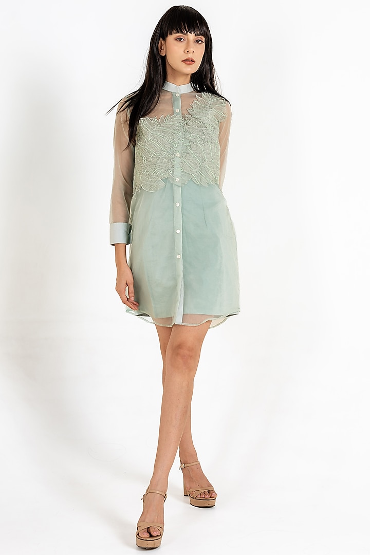 Mint Green Organza & Cotton Lycra Embroidered Shirt Vacation Dress by KLITCHE at Pernia's Pop Up Shop