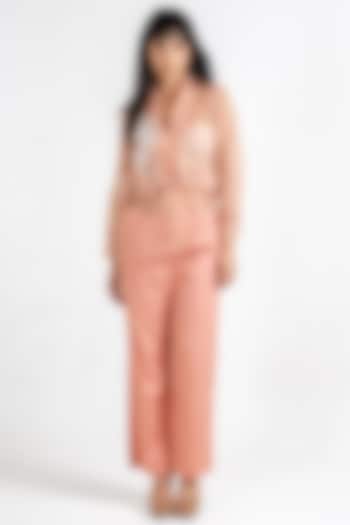 Peach Sheer Organza 3D Floral Patch Embroidered Jacket Set by KLITCHE at Pernia's Pop Up Shop