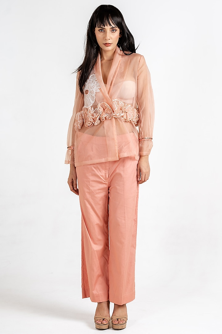 Peach Sheer Organza 3D Floral Patch Embroidered Jacket Set by KLITCHE at Pernia's Pop Up Shop
