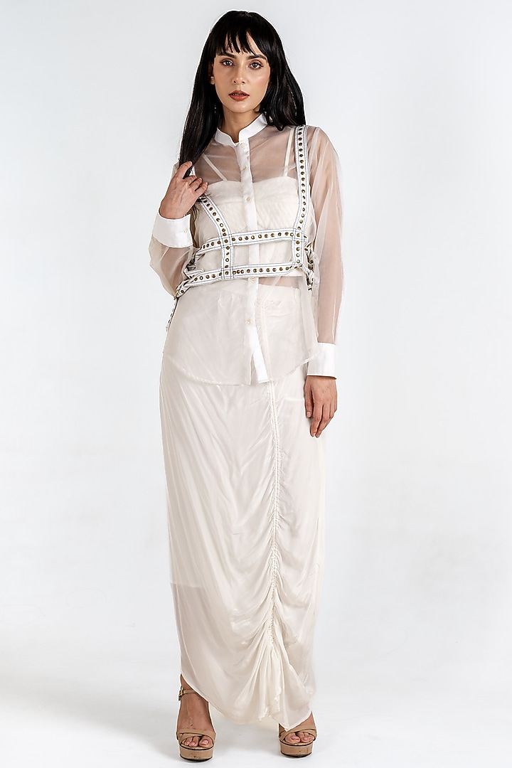 Ivory Organza Draped Skirt Set by KLITCHE at Pernia's Pop Up Shop
