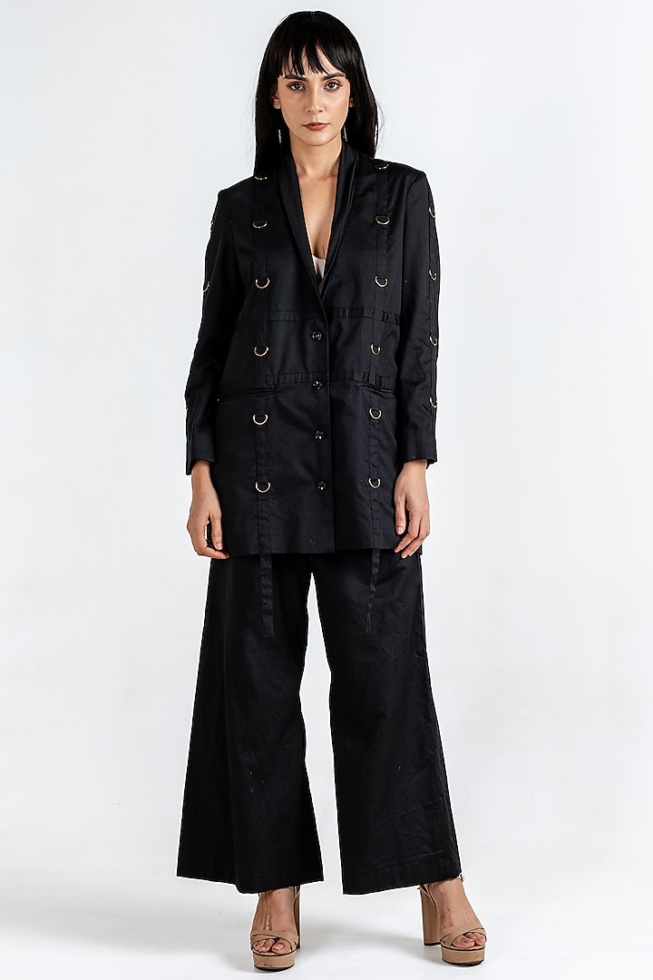 Black Giza Cotton Embellished Blazer Set by KLITCHE at Pernia's Pop Up Shop