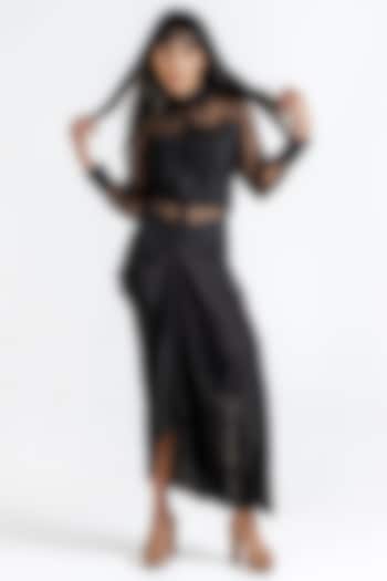 Black Milano Satin Draped Skirt Set by KLITCHE at Pernia's Pop Up Shop