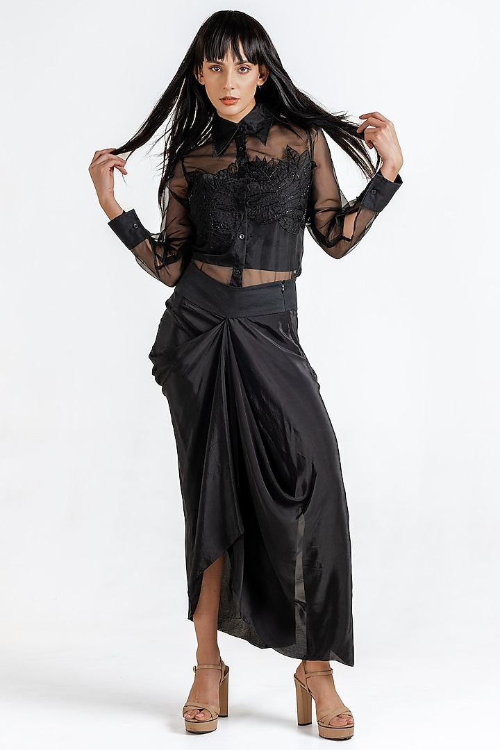 Black Milano Satin Draped Skirt Set by KLITCHE at Pernia's Pop Up Shop