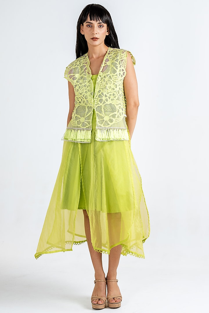 Lime Green Organza & Giza Cotton Jacket Cocktail Dress by KLITCHE at Pernia's Pop Up Shop