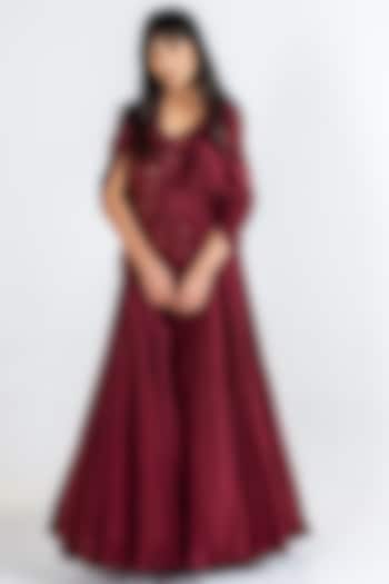 Wine Crepe & Taffeta Sequins Embroidered Flared Engagement Gown by KLITCHE at Pernia's Pop Up Shop