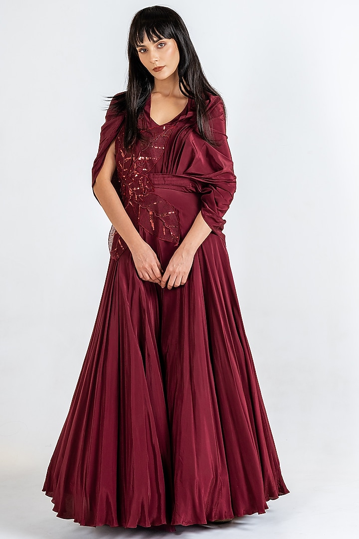 Wine Crepe & Taffeta Sequins Embroidered Flared Engagement Gown by KLITCHE at Pernia's Pop Up Shop