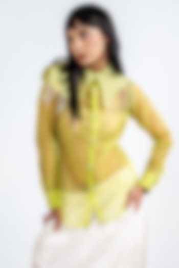 Lime Green Sheer Organza Thread Embellished Shirt by KLITCHE at Pernia's Pop Up Shop
