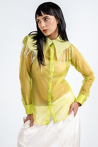Lime Green Sheer Organza Thread Embellished Shirt by Kliitche by Isha Kedia
