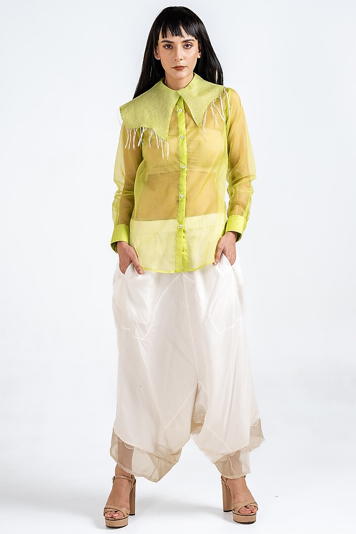 Lime Green Sheer Organza Thread Embellished Shirt by Kliitche by Isha Kedia at Pernia's Pop Up Shop