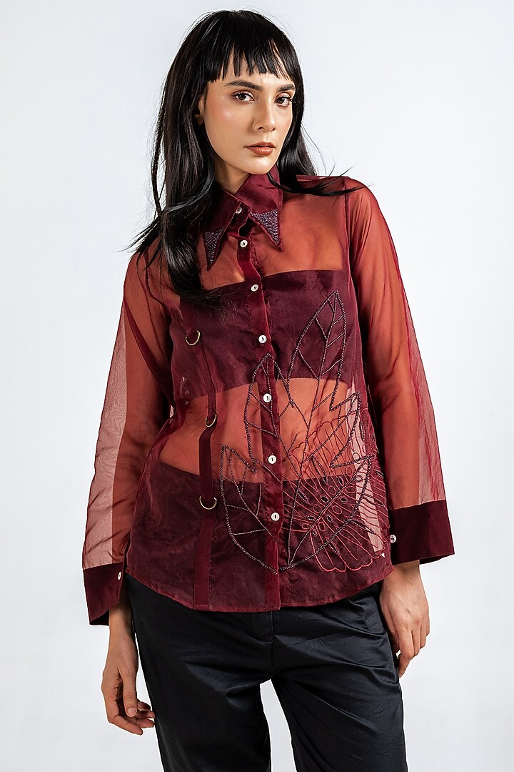 Maroon Organza Abstract Embroidered Shirt by KLITCHE at Pernia's Pop Up Shop