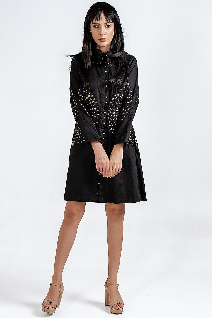 Black Giza Cotton Rivet Embellished Shirt Cocktail Dress by KLITCHE at Pernia's Pop Up Shop