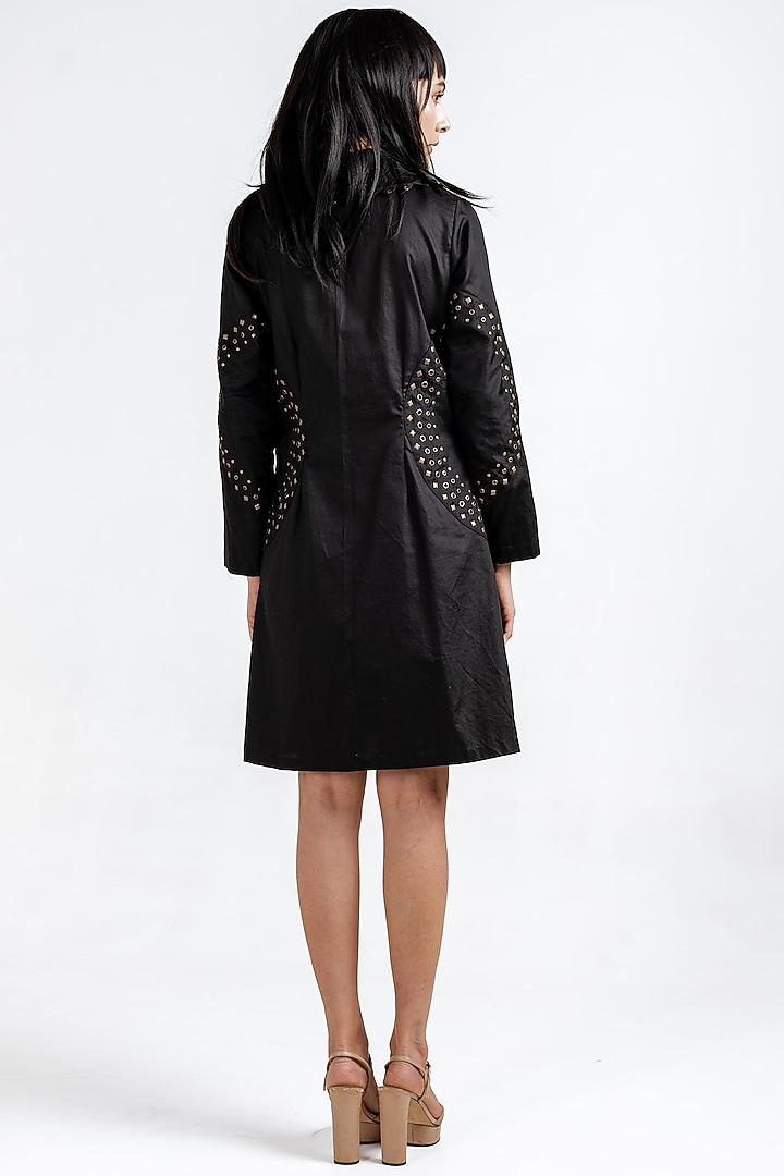 Black Giza Cotton Rivet Embellished Shirt Cocktail Dress by Kliitche by Isha Kedia at Pernia's Pop Up Shop