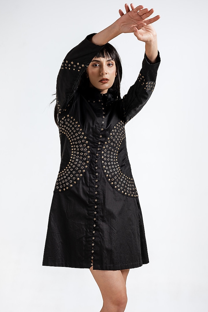 Black Giza Cotton Rivet Embellished Shirt Cocktail Dress by Kliitche by Isha Kedia at Pernia's Pop Up Shop