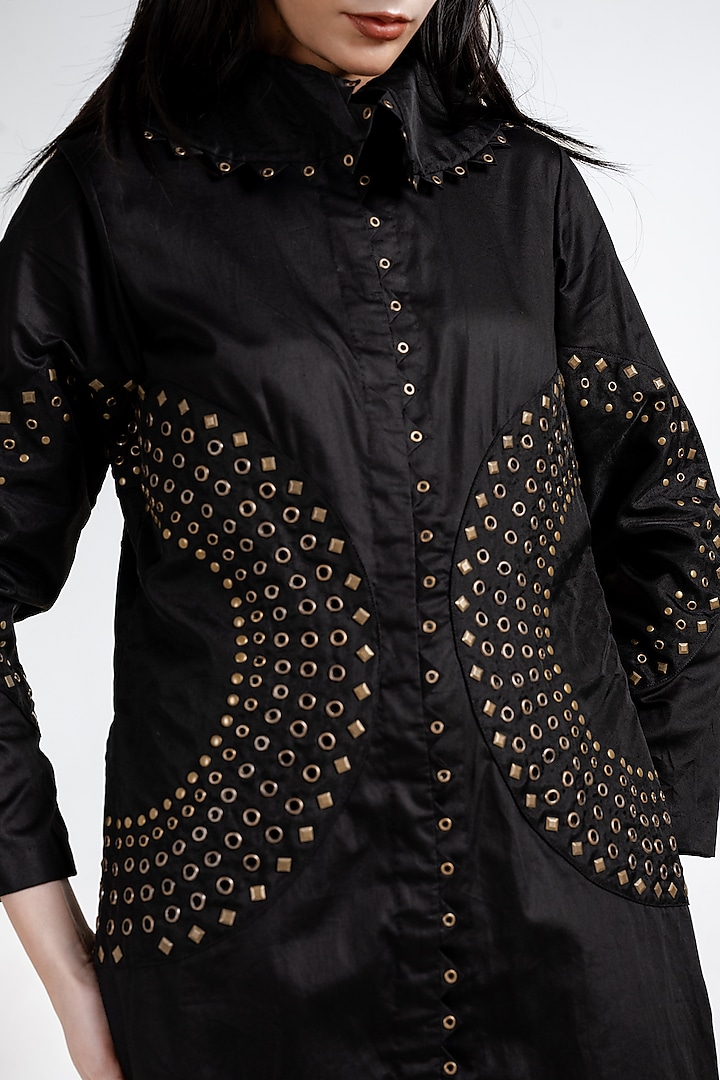 Black Giza Cotton Rivet Embellished Shirt Cocktail Dress by Kliitche by Isha Kedia at Pernia's Pop Up Shop