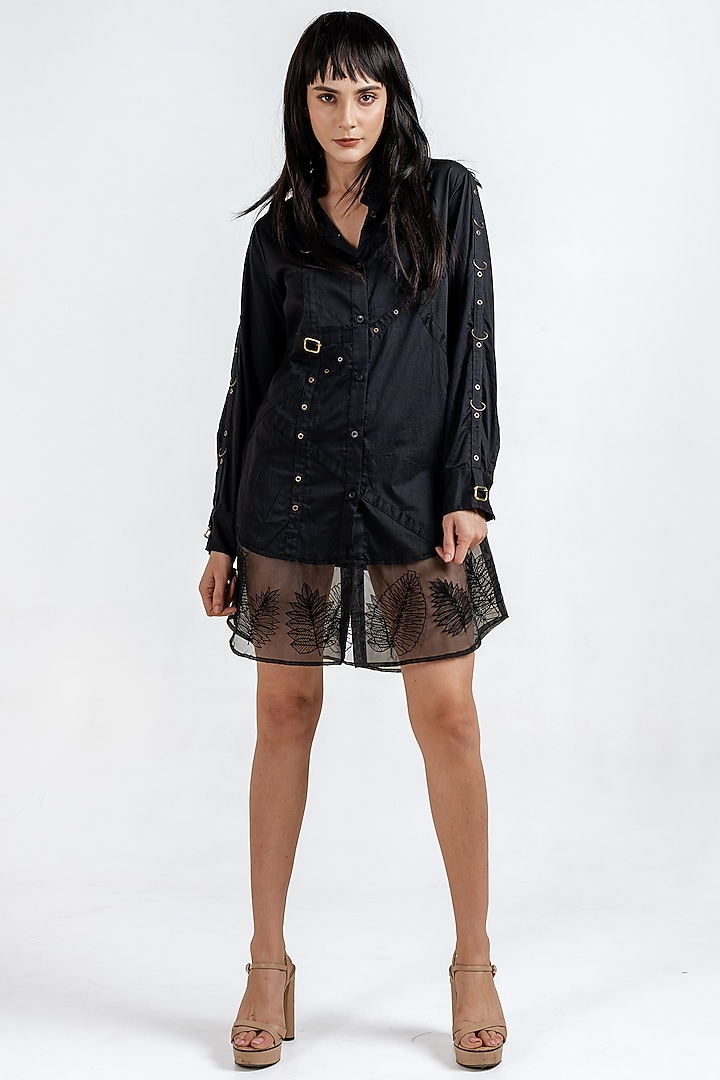Black Giza Cotton & Organza Embellished Shirt Summer Dress by KLITCHE at Pernia's Pop Up Shop