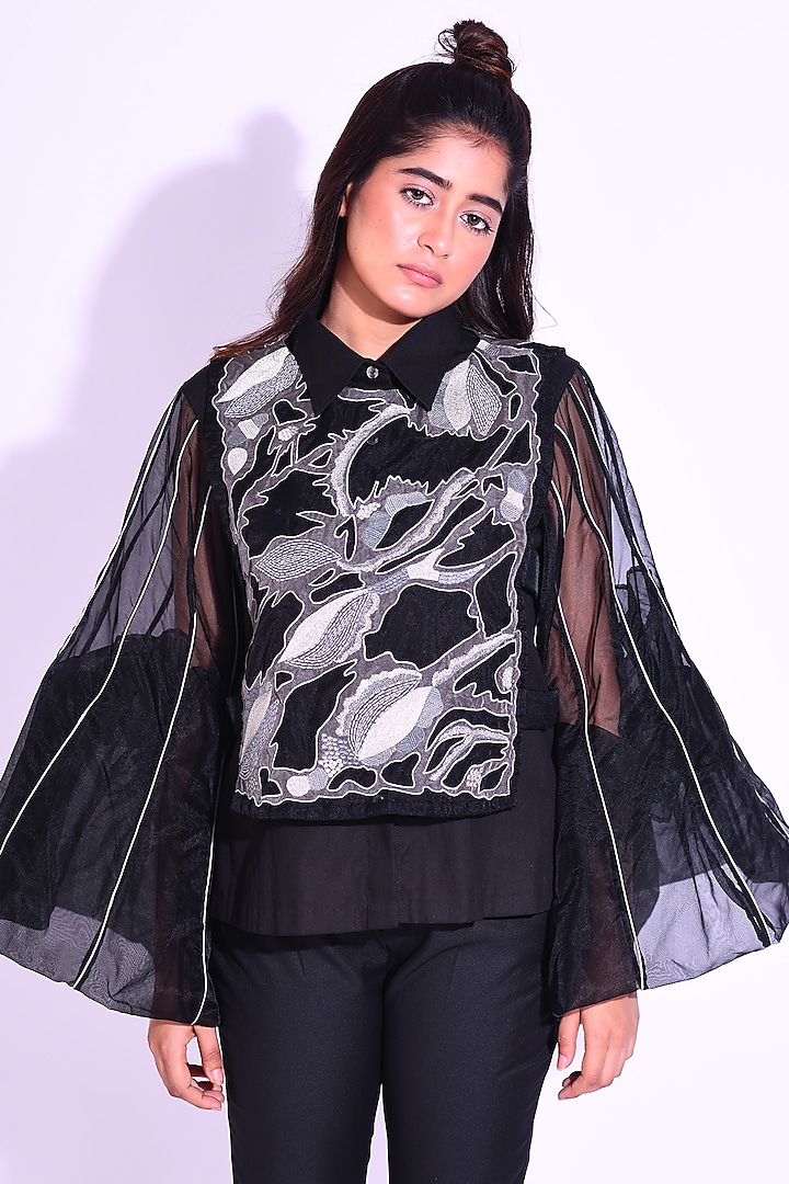 Black Cotton Satin & Organza Shirt With Jacket by KLITCHE at Pernia's Pop Up Shop