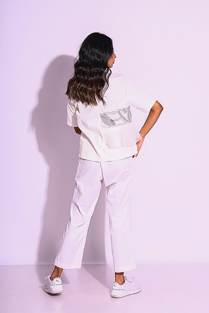 White Twill & Art Organza Embroidered Top by Kliitche by Isha Kedia at Pernia's Pop Up Shop