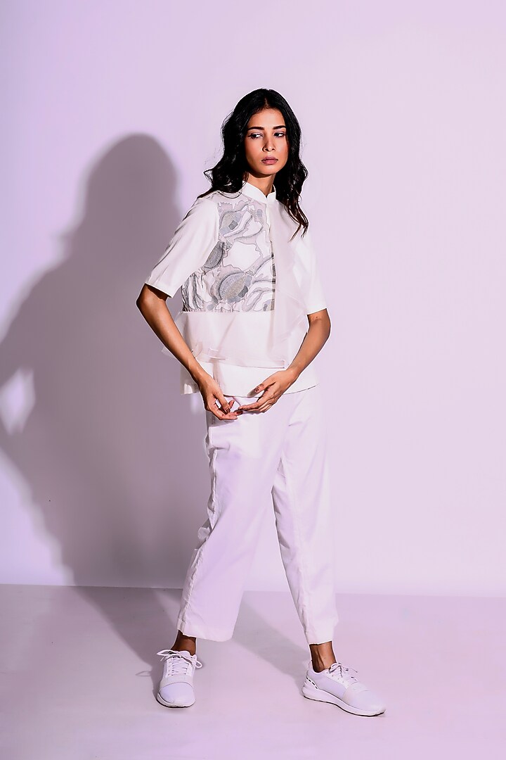 White Twill & Art Organza Embroidered Top by Kliitche by Isha Kedia at Pernia's Pop Up Shop