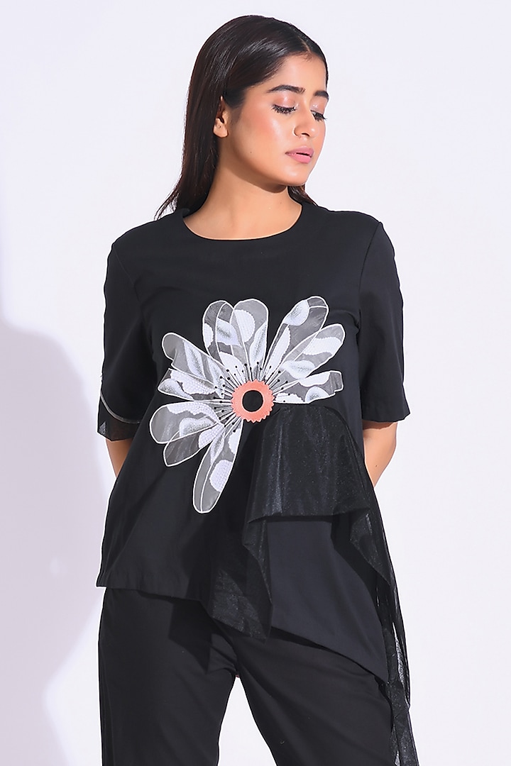 Black Twill Cotton & Organza Embroidered Top by KLITCHE at Pernia's Pop Up Shop