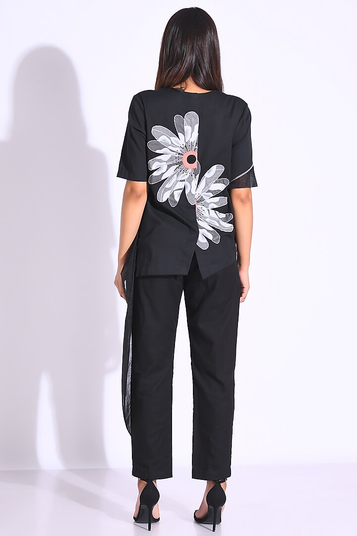 Black Twill Cotton & Organza Embroidered Top by Kliitche by Isha Kedia at Pernia's Pop Up Shop
