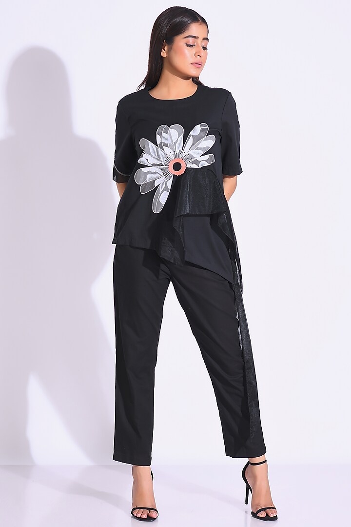 Black Twill Cotton & Organza Embroidered Top by Kliitche by Isha Kedia at Pernia's Pop Up Shop