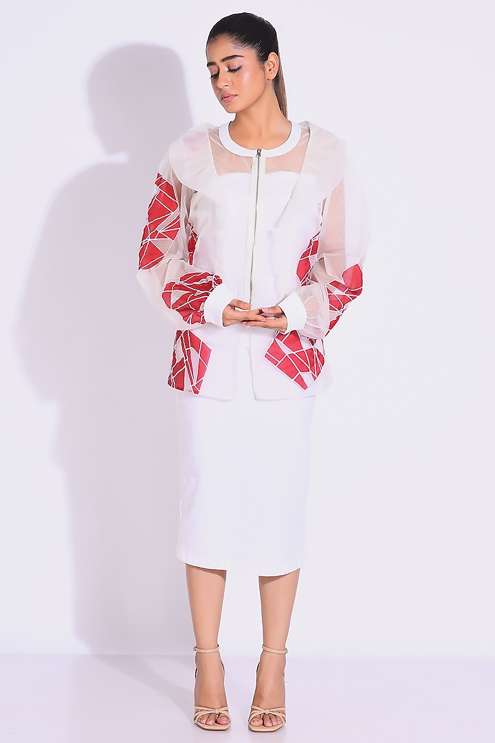 White Cotton Stretch & Organza Embroidered Jacket Dress by KLITCHE at Pernia's Pop Up Shop