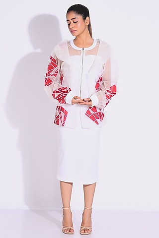 White Cotton Stretch & Organza Embroidered Jacket Dress by Kliitche by Isha Kedia