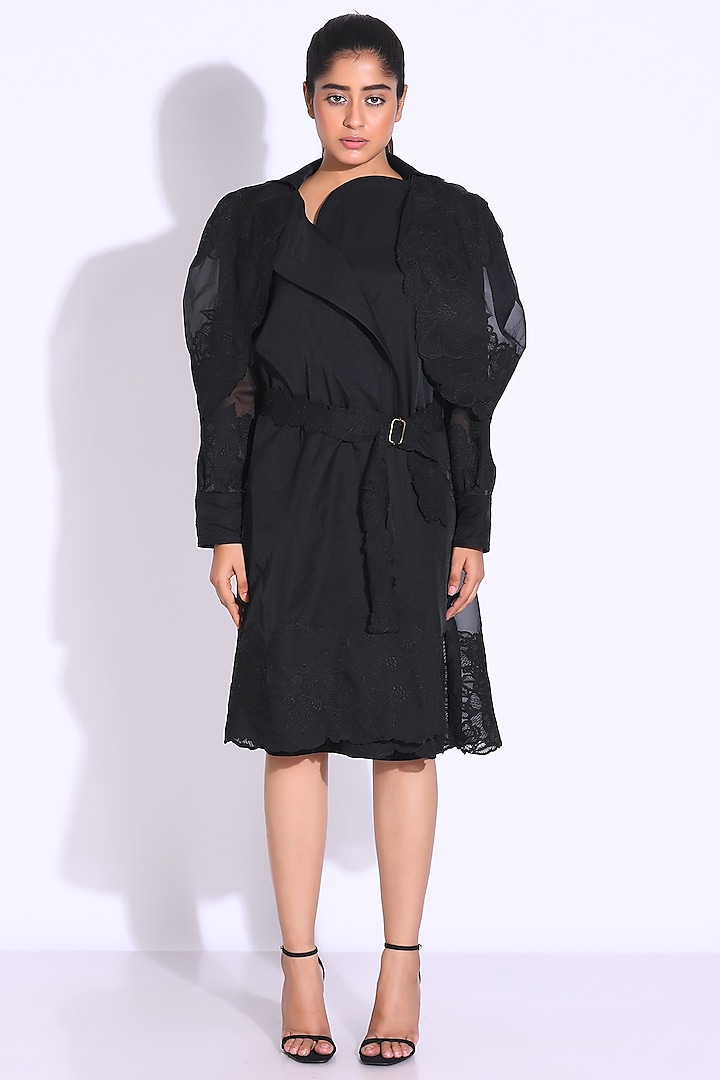 Black Cotton Stretch & Organza Floral Embroidered Jacket Dress by KLITCHE at Pernia's Pop Up Shop