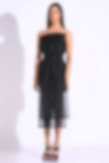 Black Crepe & Organza Asymmetrical Layered Dress by KLITCHE