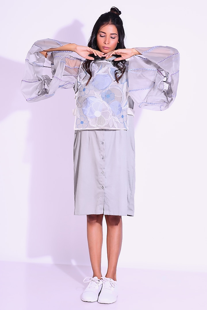 Grey Cotton Satin & Organza Machine Embroidered Jacket Dress by KLITCHE at Pernia's Pop Up Shop