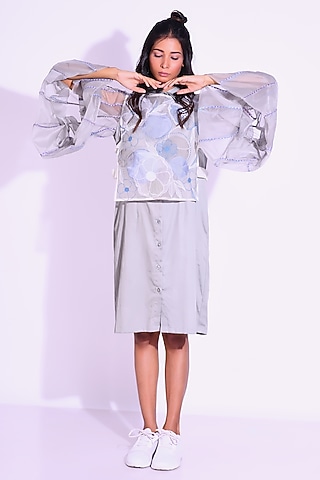 Grey Cotton Satin & Organza Machine Embroidered Jacket Dress by Kliitche by Isha Kedia
