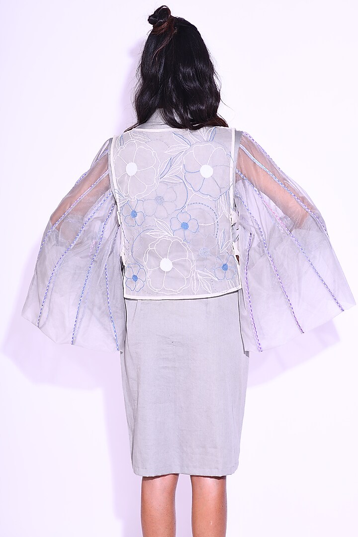 Grey Cotton Satin & Organza Machine Embroidered Jacket Vacation Dress by Kliitche by Isha Kedia at Pernia's Pop Up Shop