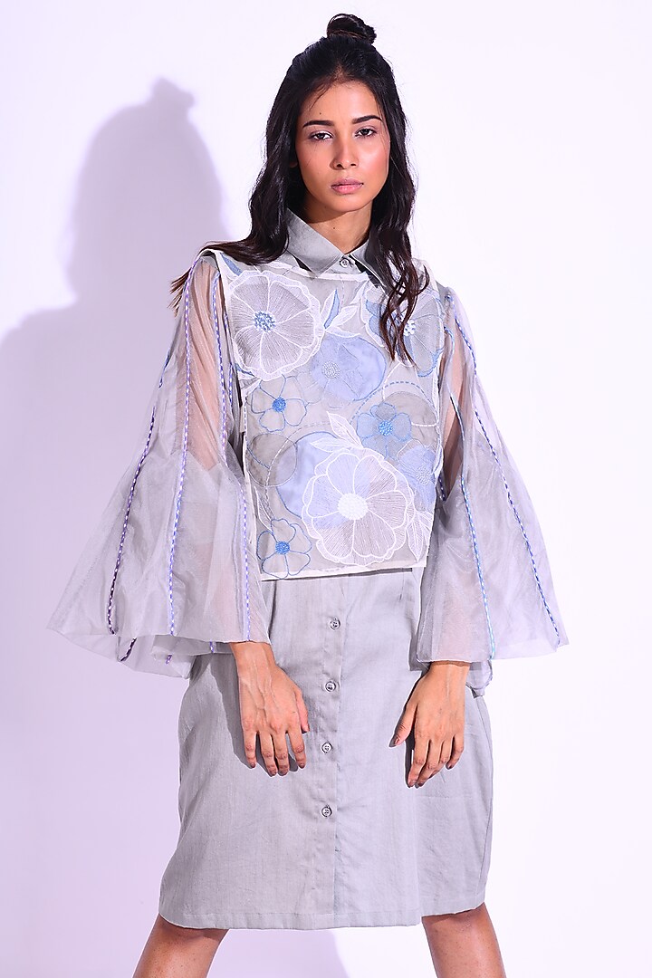 Grey Cotton Satin & Organza Machine Embroidered Jacket Vacation Dress by Kliitche by Isha Kedia at Pernia's Pop Up Shop