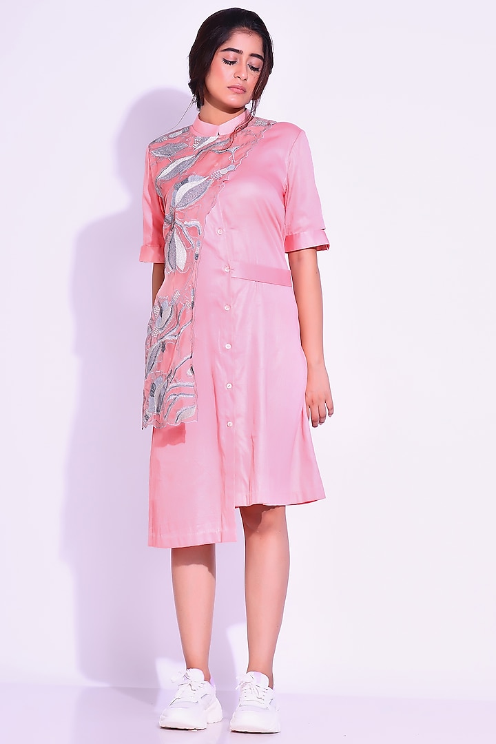 Onion Pink Cotton Satin & Organza Embroidered Asymmetrical Layered Shirt Dress by KLITCHE at Pernia's Pop Up Shop