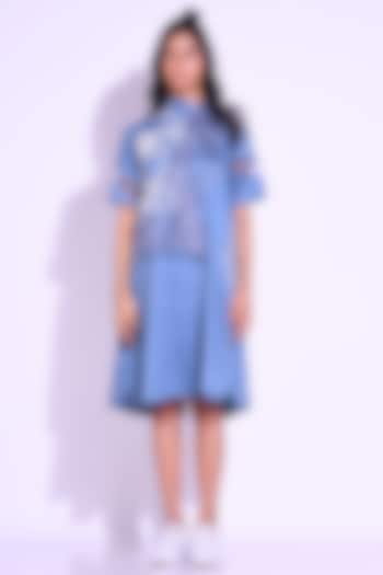 Steel Blue Cotton Satin & Organza Asymmetrical Ruffled Shirt Dress by KLITCHE