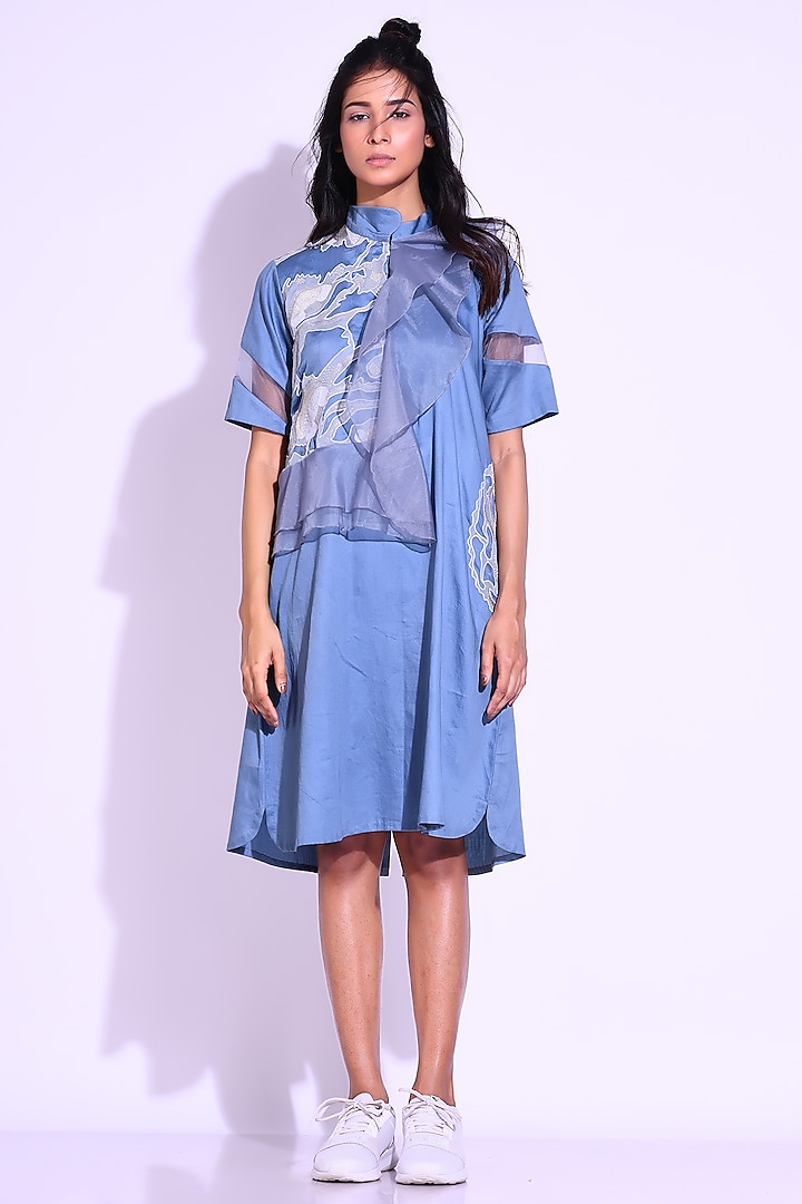 Steel Blue Cotton Satin & Organza Asymmetrical Ruffled Shirt Dress by KLITCHE