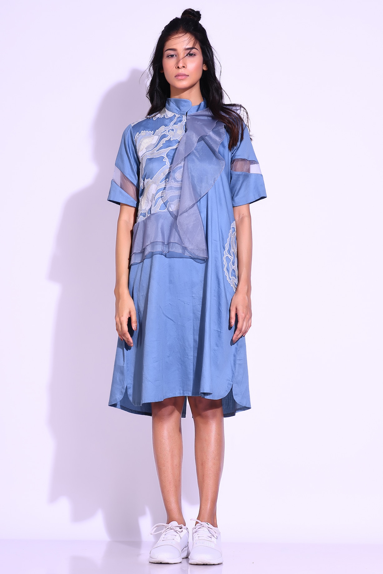 Steel Blue Cotton Satin Organza Asymmetrical Ruffled Shirt Dress by KLITCHE at Pernia s Pop Up Shop 2024