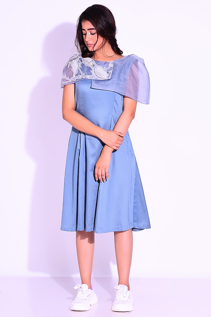 Steel Blue Cotton Satin & Organza Embroidered Pleated Midi Dress by KLITCHE