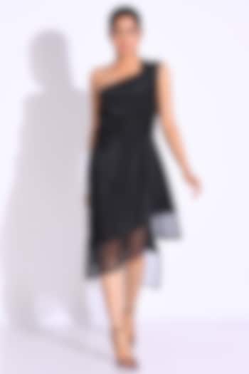 Black Satin Organza & Crepe Embroidered One-Shoulder Asymmetrical Dress by KLITCHE