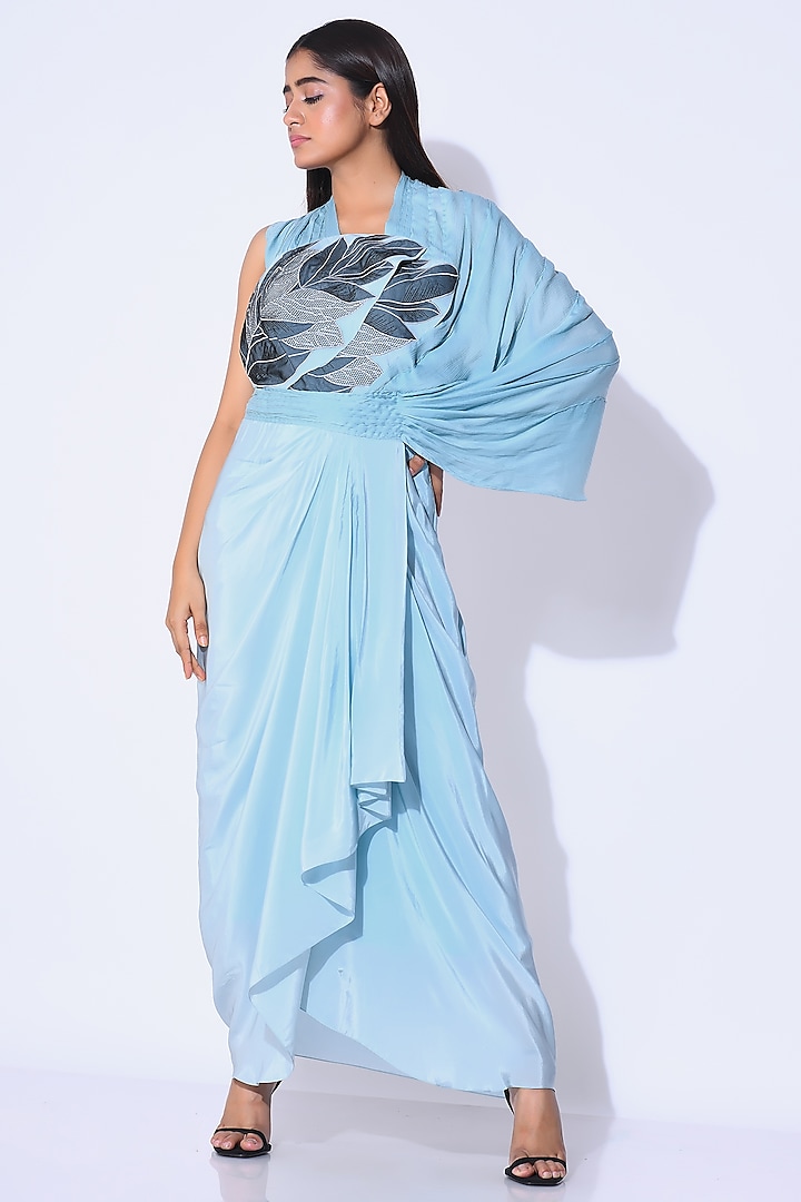 Powder Blue Crepe & Chiffon Satin Abstract Embroidered Draped Dress by KLITCHE