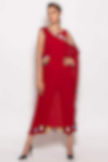 Red Georgette Embroidered Asymmetrical Jumpsuit by KLITCHE