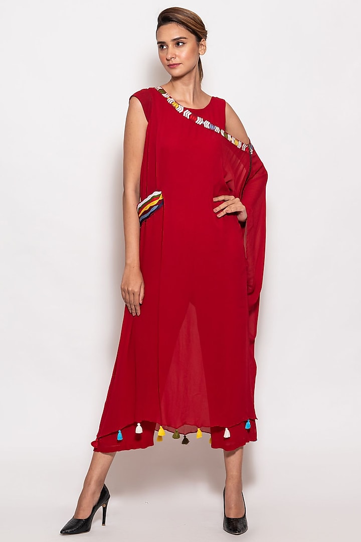 Red Georgette Embroidered Asymmetrical Jumpsuit by KLITCHE