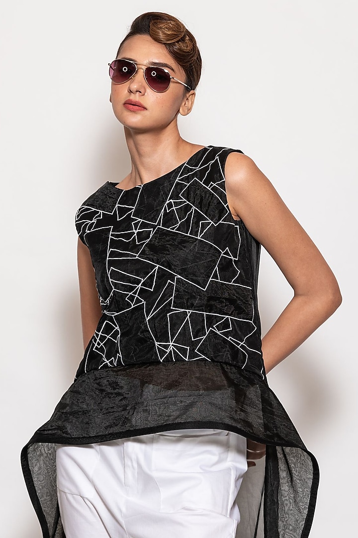 Black Organza Patchwork Embroidered Asymmetrical Top by KLITCHE