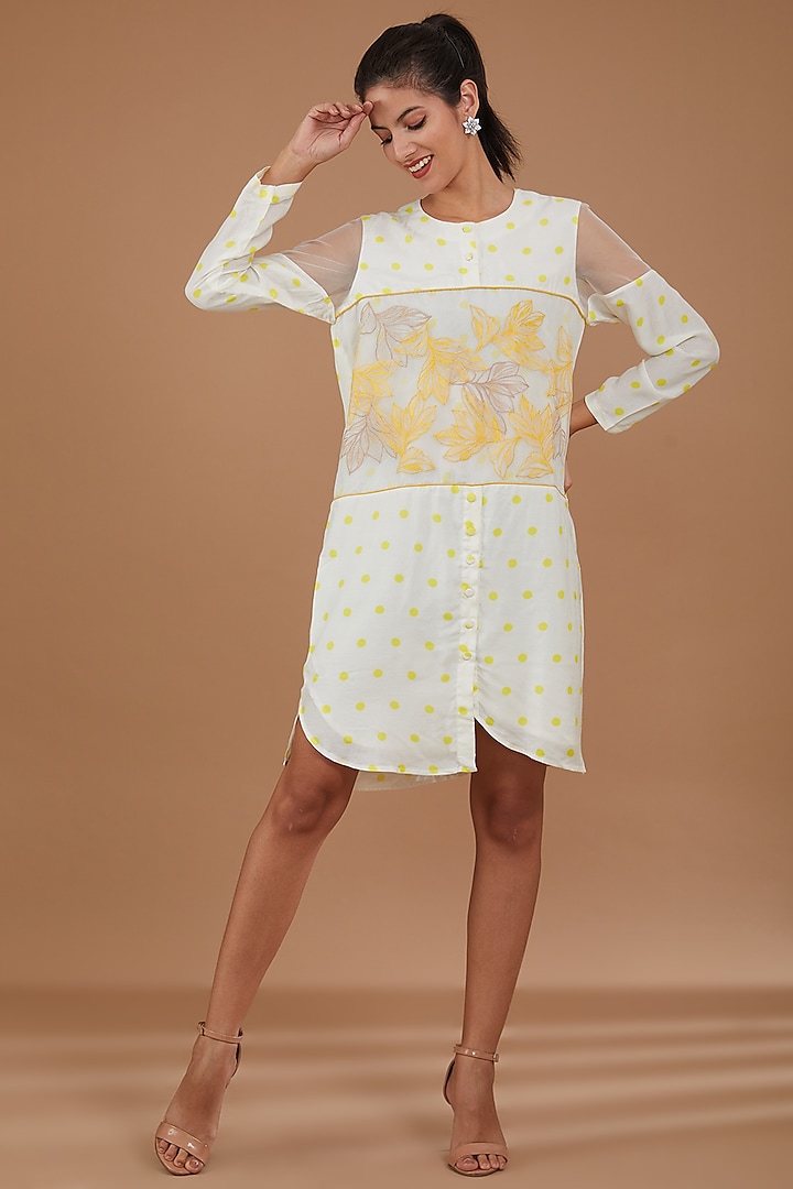 Ivory Cotton Polka Printed & Patchwork Embroidered Shirt Dress by KLITCHE